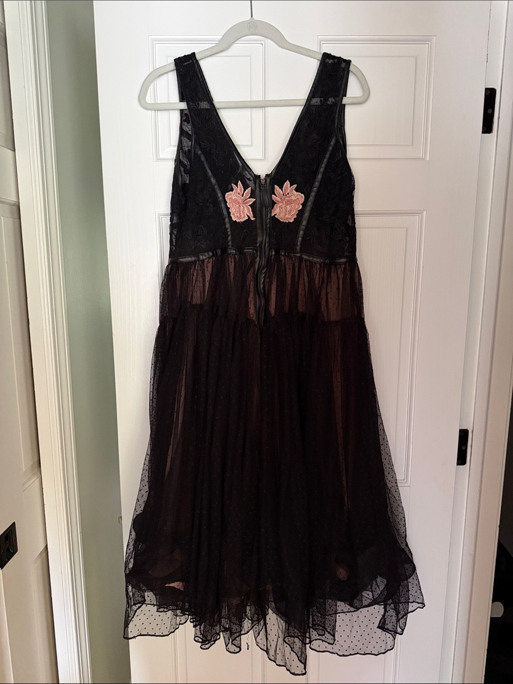 Anthropologie Black Sheer Polka Dot Midi Dress with Blush Floral Appliqué - Picture 2 of 4